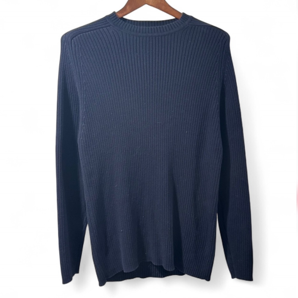 Vintage Y2K Men's Navy Blue Ribbed Crewneck Sweater Size Medium